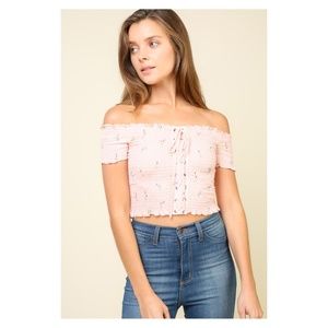 Pink Pastel Off Shoulder Shirred Lace Up Crop Top